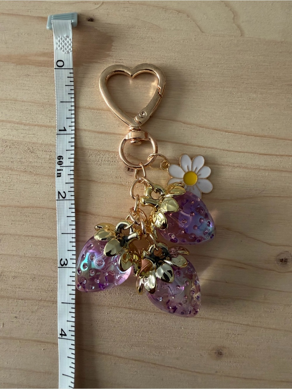Gold Daisy Charm Keychain with Purple Strawberry Charms - Picture 2 of 3